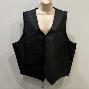 I K Leather Men’s Black Vest Size 56 Lined Motorcycle Snap Pockets